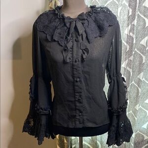 Lady Sloth Whimsigoth Sheer Black Lace Ruffle Bell Sleeve Top